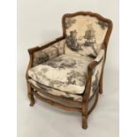 BERGERE, French walnut framed with studded toile du jouy upholstery, 65cm W.
