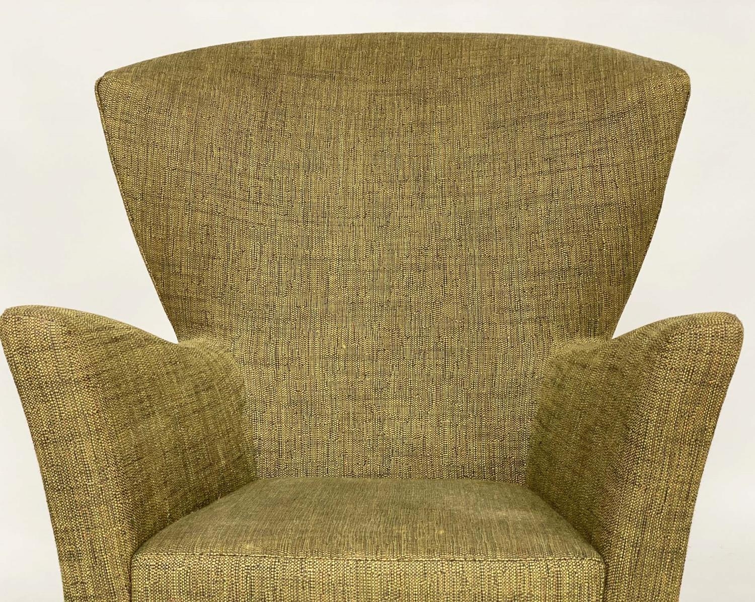 MANNER OF HOWARD KEITH ARMCHAIR, vintage 60s with wing back angular arms and green linen weave - Image 2 of 5