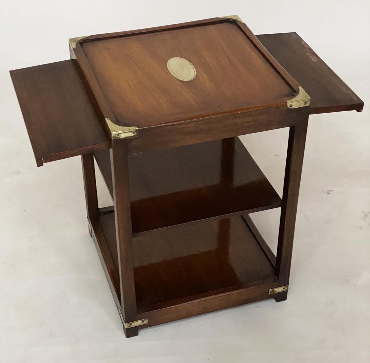 LAMP TABLES, a pair, campaign style mahogany and brass bound each with brushing candle slides and - Image 2 of 4