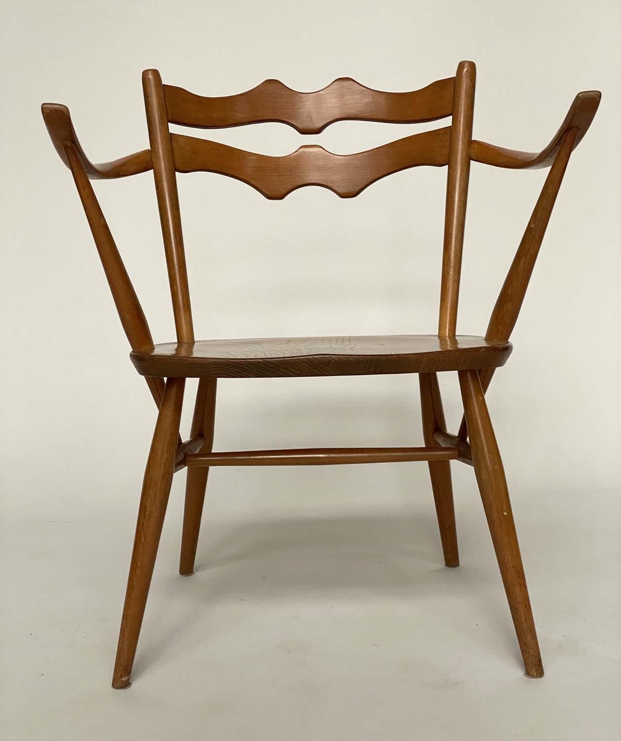 ERCOL EASY ARMCHAIRS, a pair, elm with wave back and outswept arms, 64cm. (2) - Image 6 of 6