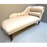 CHAISE LONG, neutral linen upholstered finish with bolster cushion 72cm x 135cm x 54cm D.