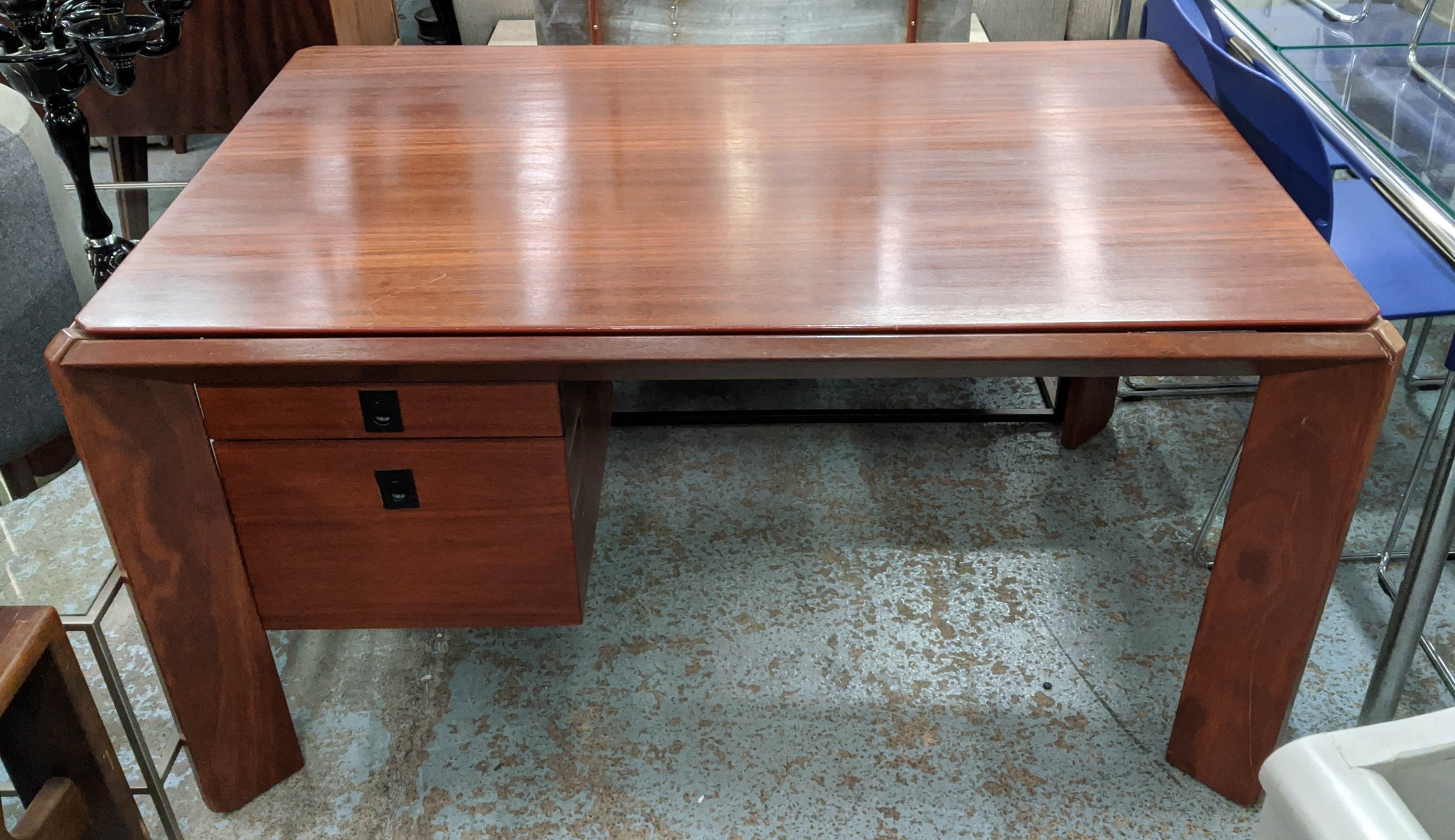 DESK, 140cm x 93cm x 75cm, vintage mid 20th century floating top design, with two drawers.