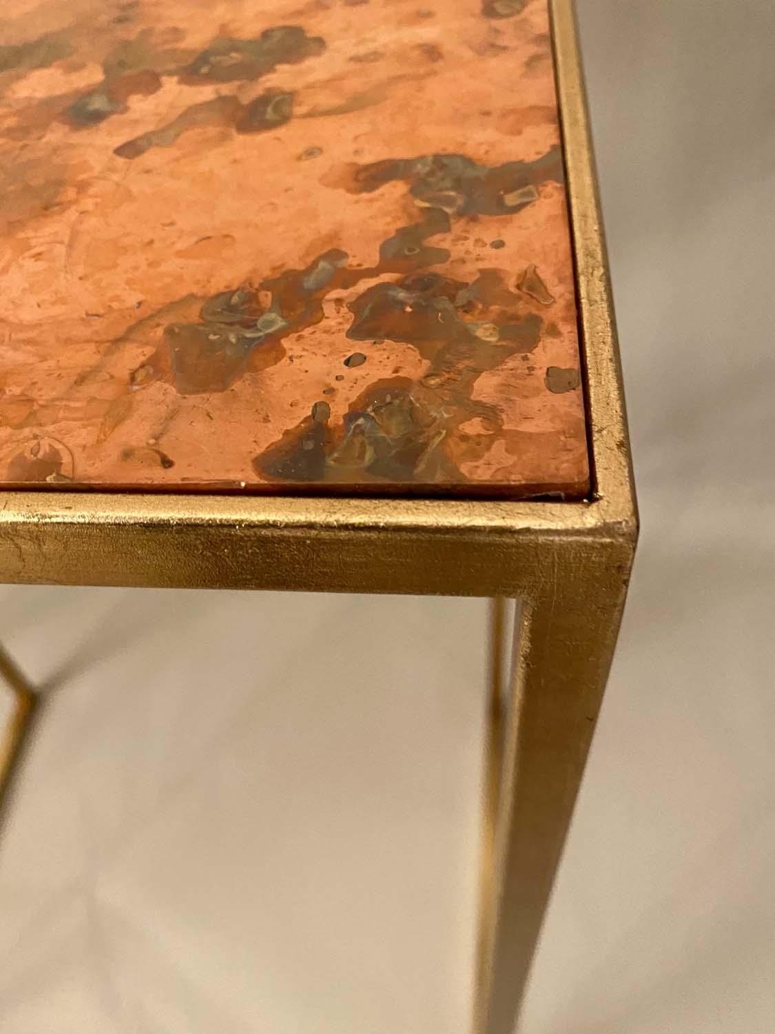 SIDE TABLES, pair, each measuring 70cm high, 46cm wide, 33cm deep, 1970s Italian style coppered tops - Image 3 of 4