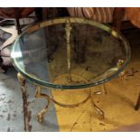 MAISON JANSEN STYLE SIDE TABLE, rams head detail, gilt metal and glass, 65cm x 50cm.