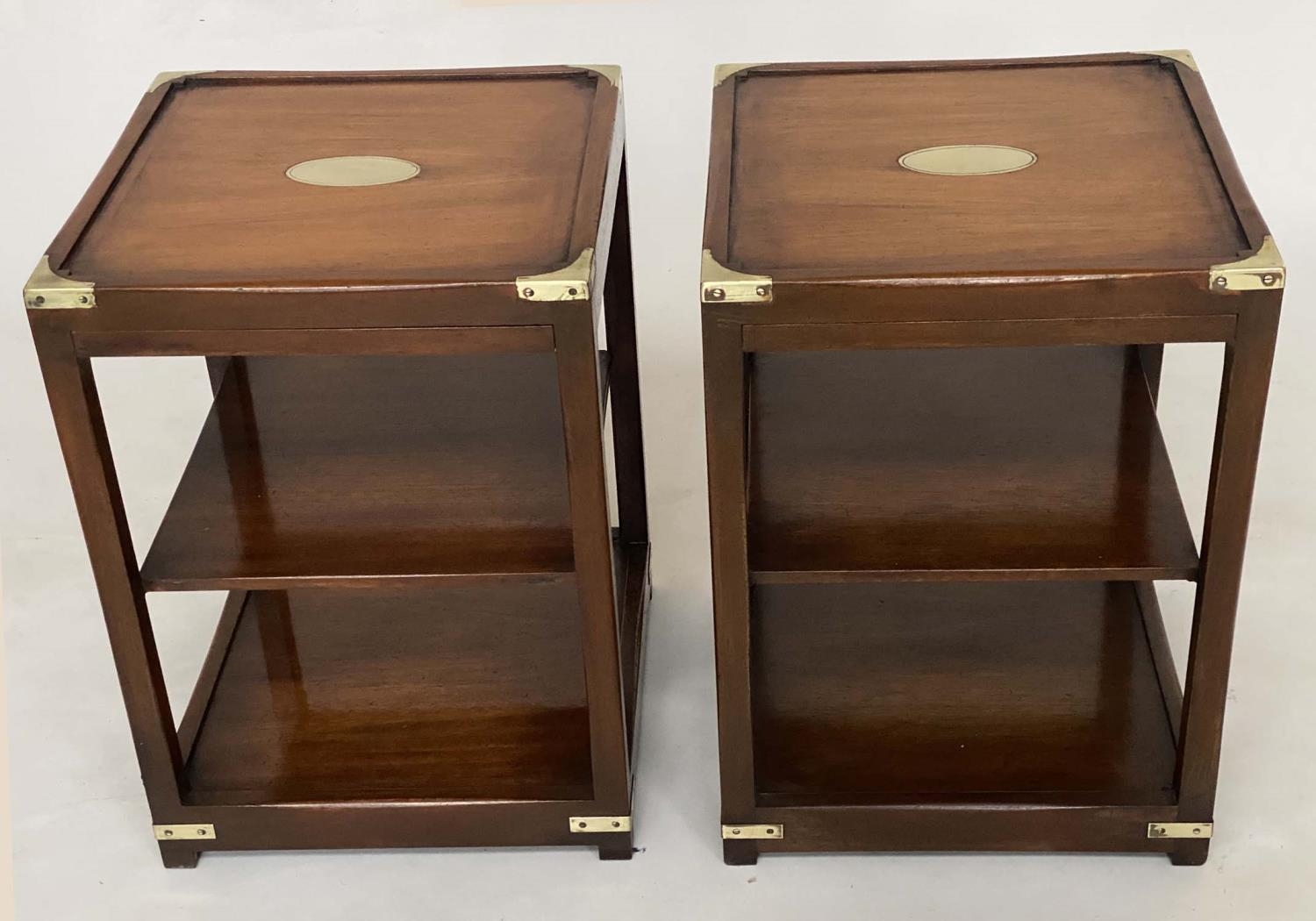 LAMP TABLES, a pair, campaign style mahogany and brass bound each with brushing candle slides and - Image 4 of 4