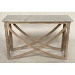CONSOLE TABLE, contemporary rectangular grey marble top on lined sycamore arched cross stretched