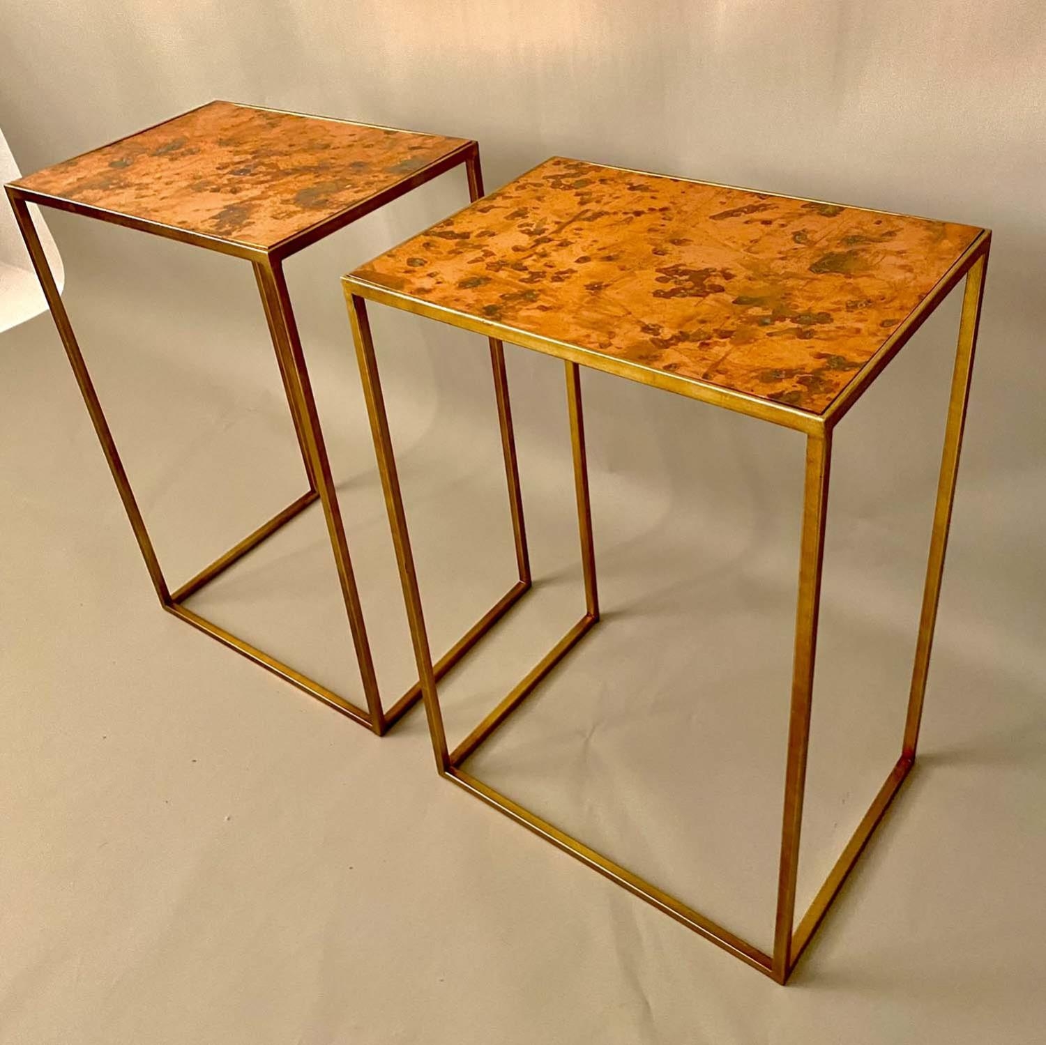 SIDE TABLES, pair, each measuring 70cm high, 46cm wide, 33cm deep, 1970s Italian style coppered tops - Image 2 of 4