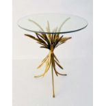 SIDE TABLE, Maison Jansen style, 67cm high, 47cm diameter, glass top on wheat sheaf gilt metal base.