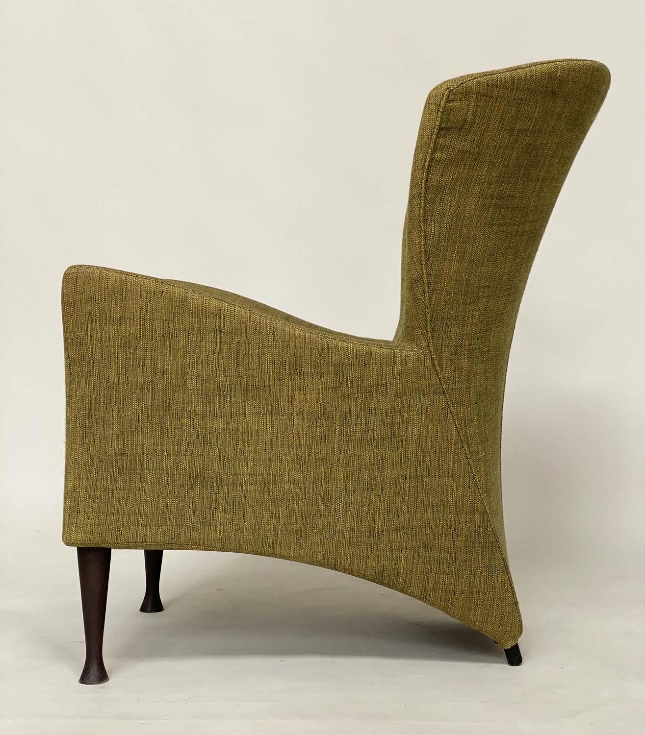 MANNER OF HOWARD KEITH ARMCHAIR, vintage 60s with wing back angular arms and green linen weave - Image 5 of 5