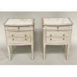 BEDSIDE CHESTS, a pair, French Louis XVI style grey painted and silvered metal mounted each with