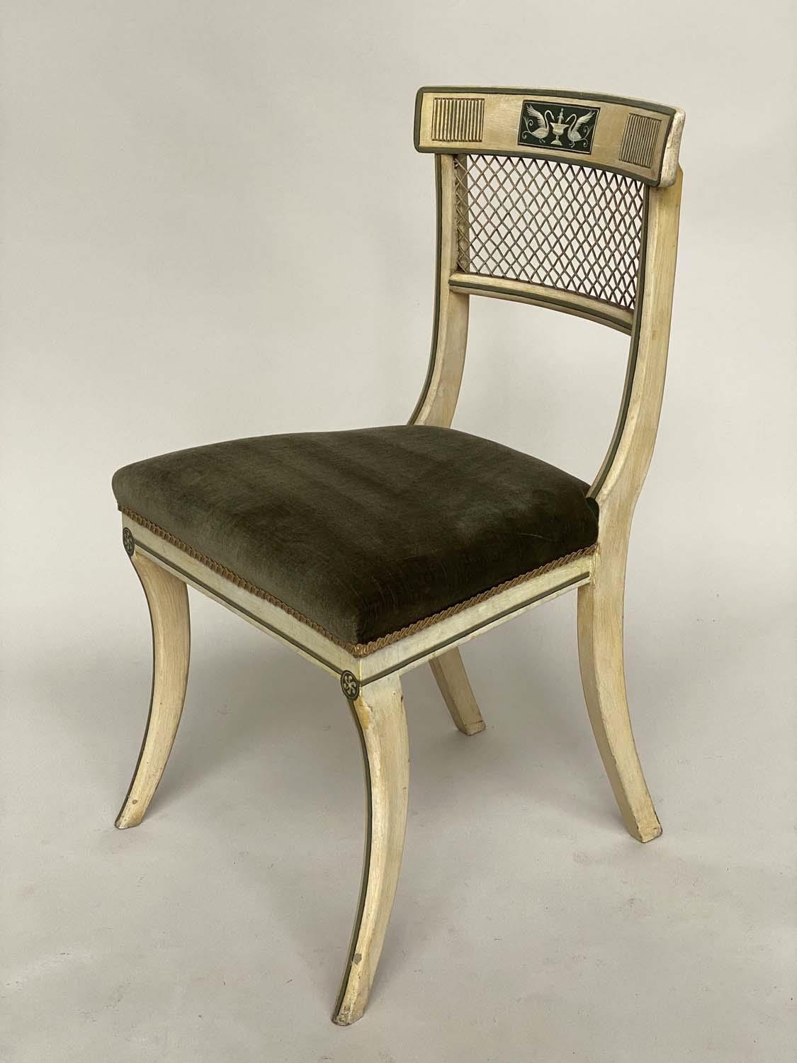DINING CHAIRS, a set of six, Regency style painted with arch bowed backs and green velvet - Image 2 of 7