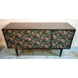 SIDEBOARD, 81cm H x 152cm x 46cm, mid 20th century re decorated with tropical print and ebonised