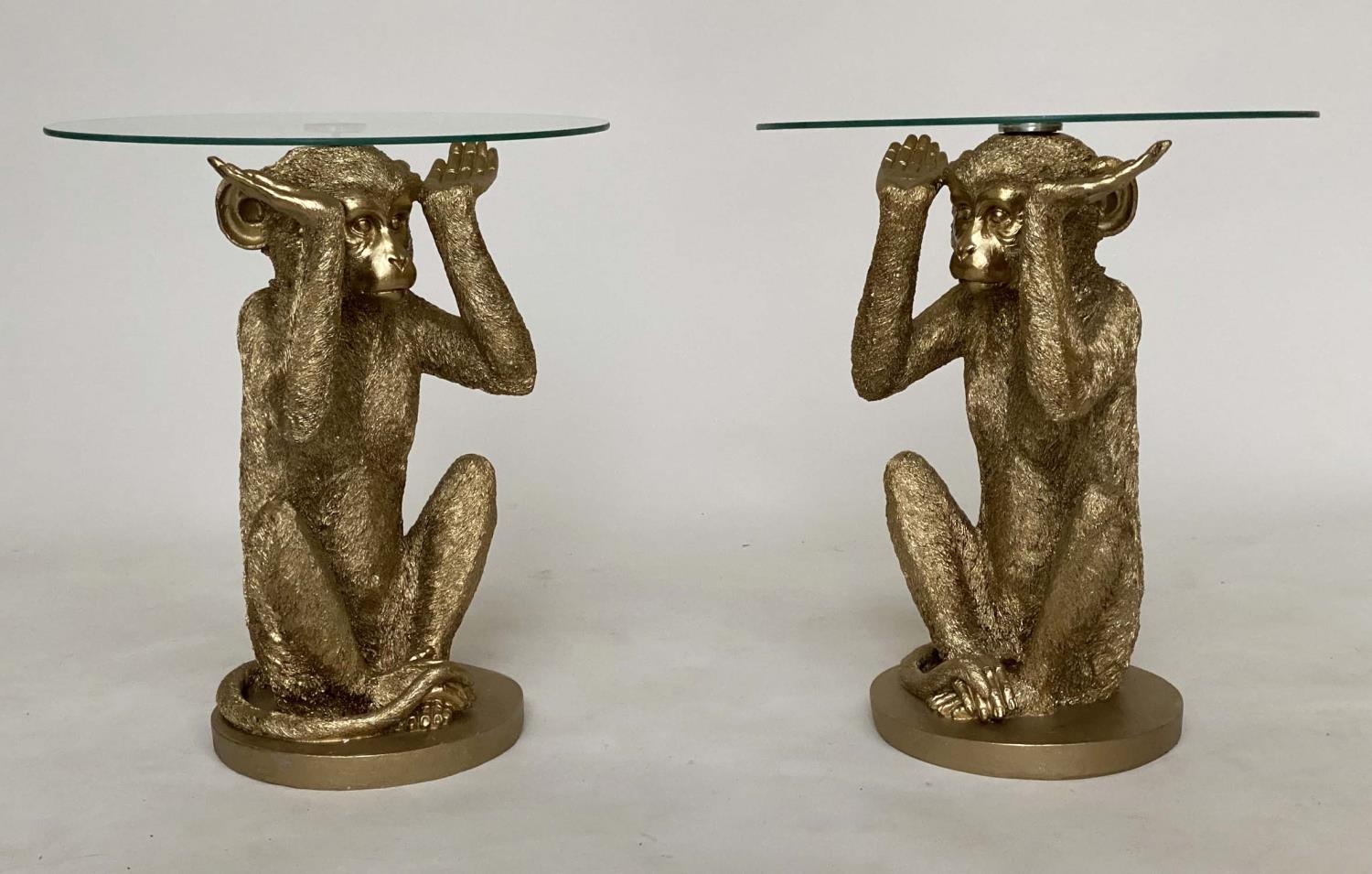 MONKEY MARTINI TABLES, a pair, each with glass top supported by monkey base, 50cm H x 43cm. (2) - Image 3 of 4