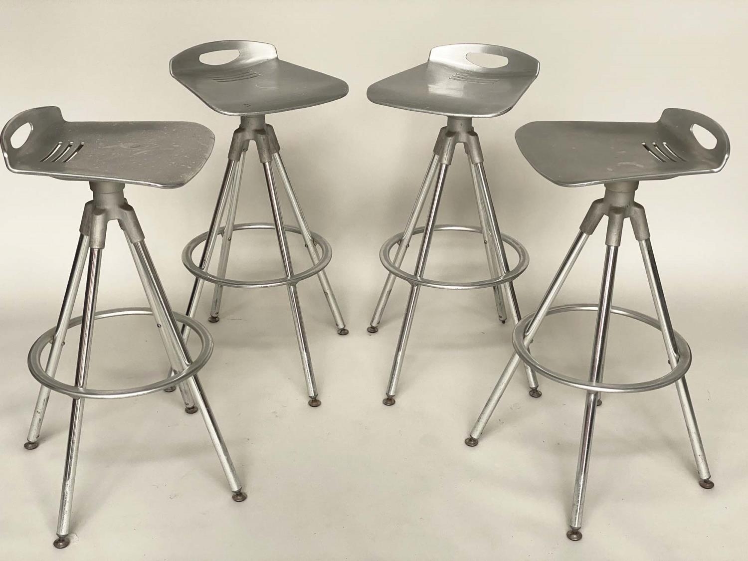 BAR STOOLS, a set of four, Italian cast and polished aluminium revolving with footrests, 83cm H. (4)