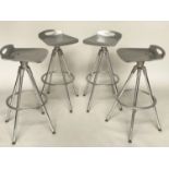 BAR STOOLS, a set of four, Italian cast and polished aluminium revolving with footrests, 83cm H. (4)