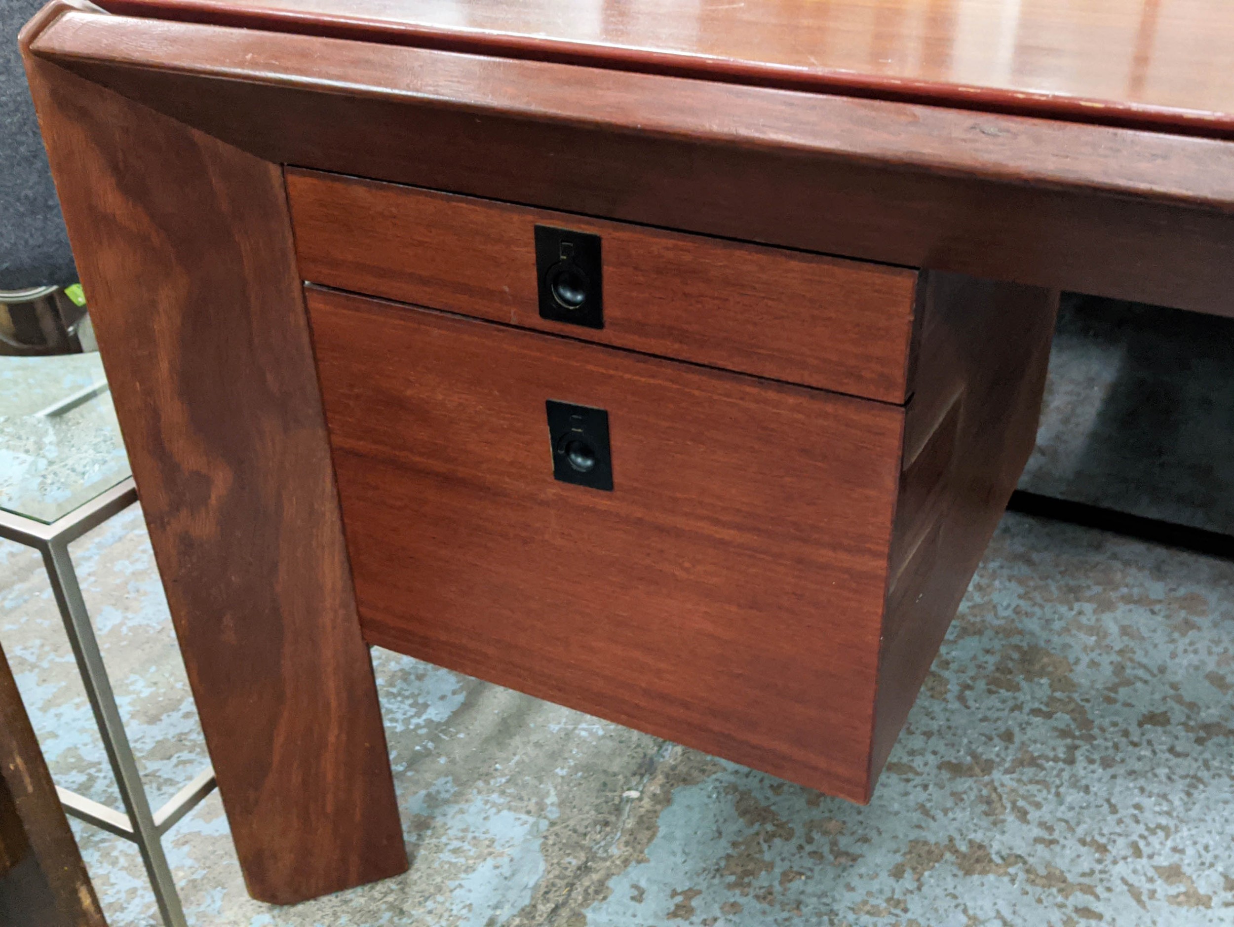 DESK, 140cm x 93cm x 75cm, vintage mid 20th century floating top design, with two drawers. - Image 2 of 7