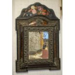 WALL MIRROR, 91cm H x 59cm, 19th century Flemish repoussé brass, tortoiseshell and painted with