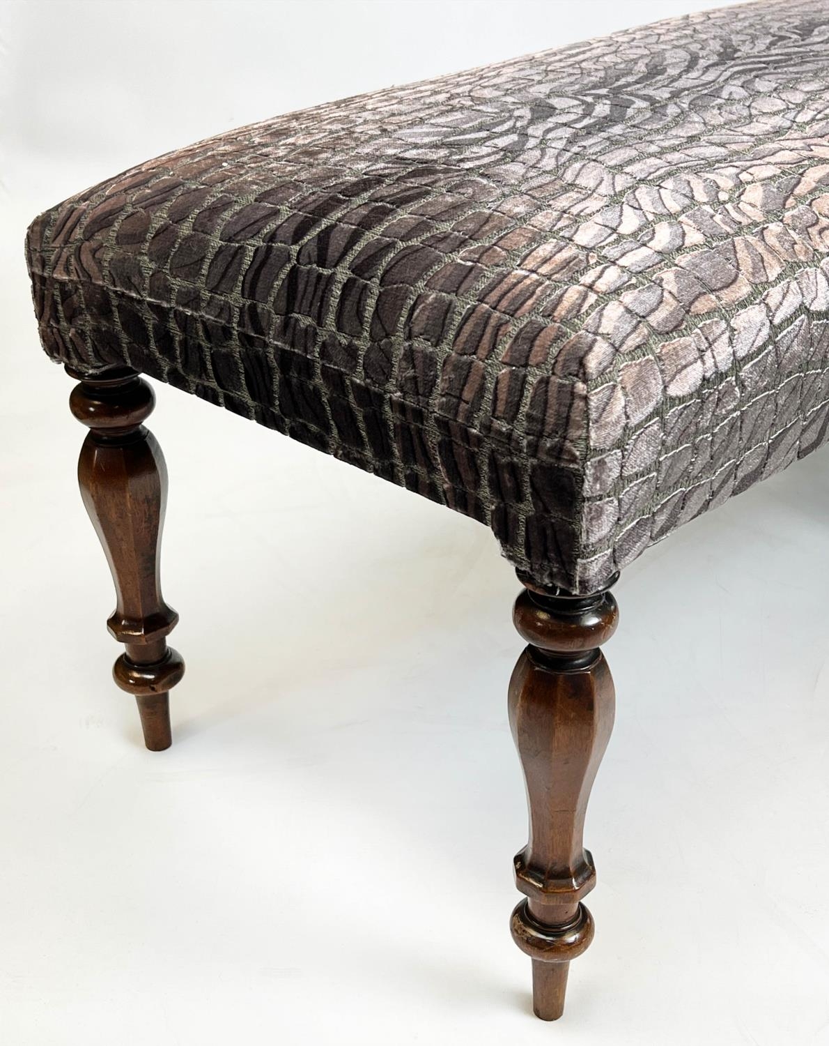 LONG STOOL, 44cm H x 154cm x 47cm, part Victorian mahogany in Designers Guild crocodile patterned - Image 3 of 3