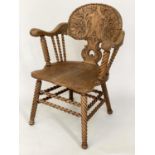 ARMCHAIR, 19th century faded oak with carved back, and spiral turned supports, 65cm W.