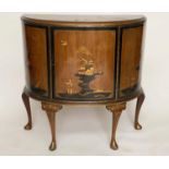 DEMI LUNE COMMODE, early 20th century satinwood and Chinoiserie decorated with central bow door