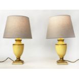 TABLE LAMPS, a pair, antique yellow lacquered and gilt lined of vase form (with shades), 54cm H. (2)