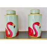 GINGER JARS, pair, 40cm high, 20cm diameter, glazed ceramic with flamingo print design. (2)