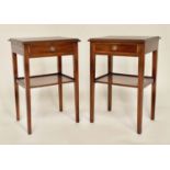 LAMP TABLES, a pair, George III style mahogany and satinwood crossbanded each with frieze drawer and