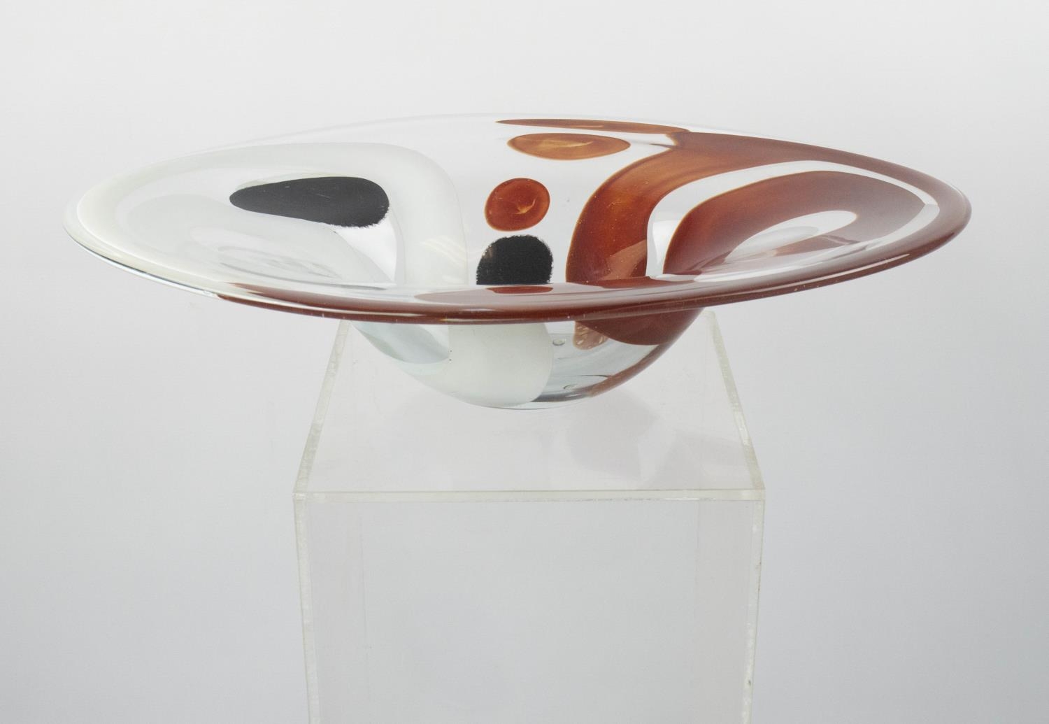 ART GLASS BOWL, late 20th century shaped with red, white and black design, 52cm L x 39cm W x 13cm H.