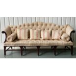 SOFA, George III style mahogany with buttoned striped brocade upholstery, camel back and stretchered