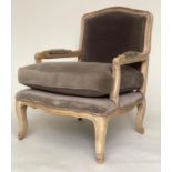 FAUTEUIL, French style and walnut framed with soft teal velvet upholstery, 69cm W.