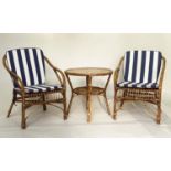 TERRACE TABLE AND CHAIRS, a pair, 1960's rattan framed and cane bound together with a matching