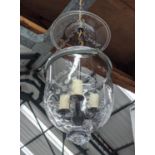 BELL LANTERN, etched glass, three branch light, 100cm drop approx.