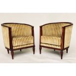 TUB ARMCHAIRS, a pair, Art Deco style with studded stripped upholstery, 70cm W. (2)