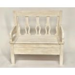 HALL BENCH, Scandinavian style traditionally grey painted with pierced back, rising seat and