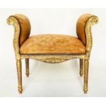WINDOW SEAT, French transitional style giltwood with scroll upstand arms and silk brocade