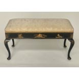 WINDOW SEAT/DUET STOOL, early 20th century lacquered and gilt Chinoiserie decorated with brocade