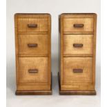 ART DECO BEDSIDE CHESTS, a pair, maple and walnut each with three drawers and chrome mounted