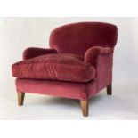 ARMCHAIR, Howard style burgundy red velvet with arched back and arms and square tapering supports,