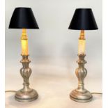 TABLE LAMPS, a pair, Italian style carved silvered of candlestick form (with shades), 54cm H. (2)