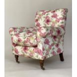 ARMCHAIR, country house style trailing floral print upholstered with scroll back and arms and walnut