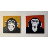 CONTEMPORARY SCHOOL DIPTYCH, Monkeying Around, acrylic on canvas, nut detail, 83cm H x 83cm W. (2)