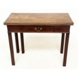 TEA TABLE, George III mahogany, foldover with drawer and channelled supports, 89cm x 44cm x 72cm H.