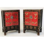CHINESE CABINETS, a pair, Chinese scarlet lacquered and gilt Chinoiserie decorated with silver