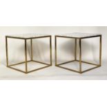 LAMP TABLES, 1960s style, a pair, square variegated grey marble top on stretched gilt metal