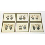 19TH CENTURY FRENCH CHINOISERIE COLOURED ENGRAVINGS, a set of six, depicting Chinese vases with