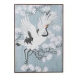 JAPANESE STYLE WALL PANEL, Crane in flight, print on canvas, framed, 140cm H x 100cm W.