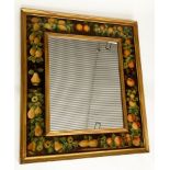 WALL MIRROR, Continental fruit design painted frame, 82cm W x 93cm H.