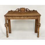 HALL TABLE, 19th century, faded carved oak, shallow rectangular with shield upstand, end-drawer