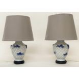 TABLE LAMPS, a pair, Chinese blue and white ceramic of vase form with wooden bases and shades,