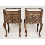 TABLES DE NUIT, a pair, 19th century French Louis XV style carved oak each with marble top, drawer